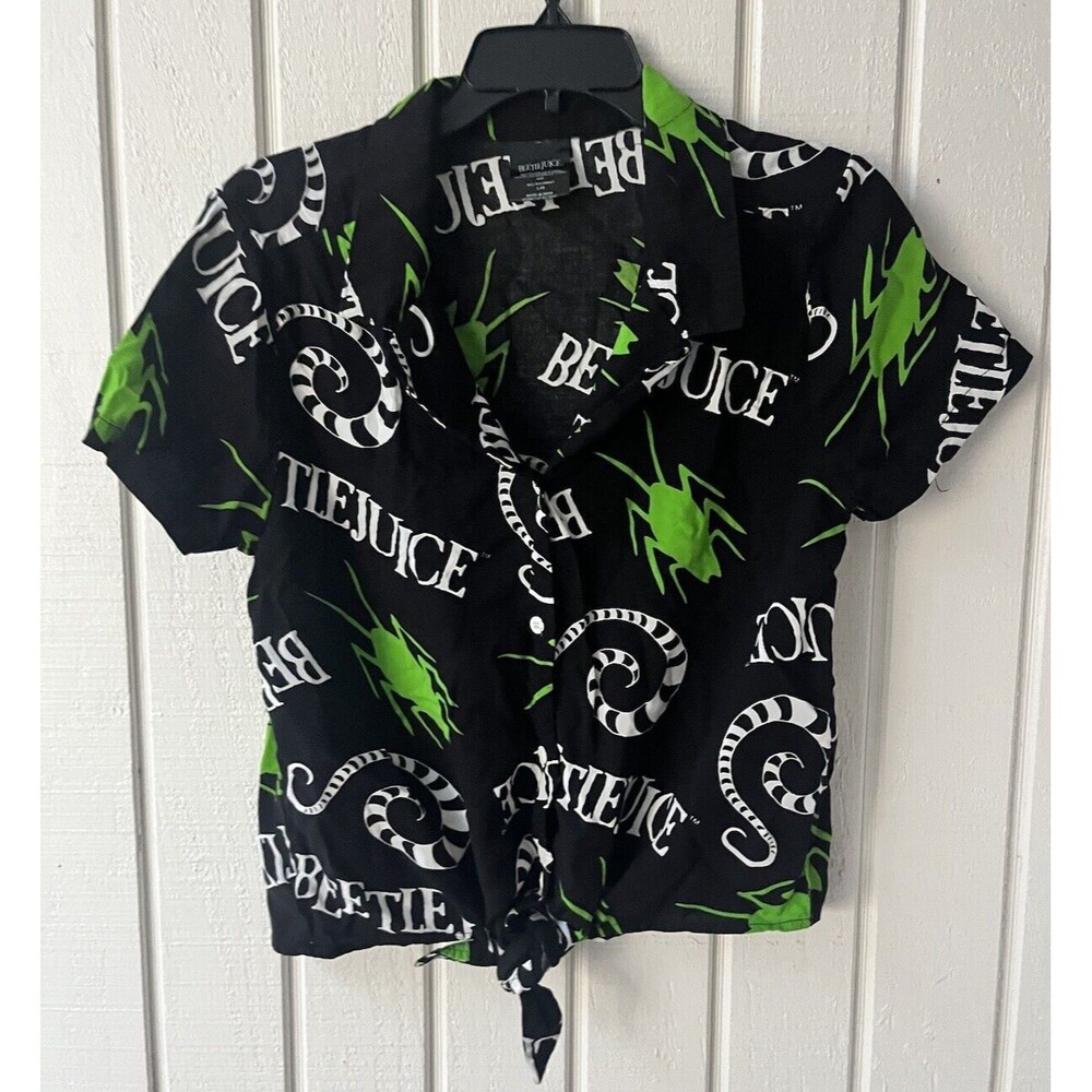 Beetlejuice Top Sz Large - Short Sleeve Button Up Tie Front Shirt Black Green